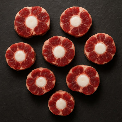 Overhead flat lay of fresh raw beef oxtail tail rounds with bone - The Beef Shop Bangalore
