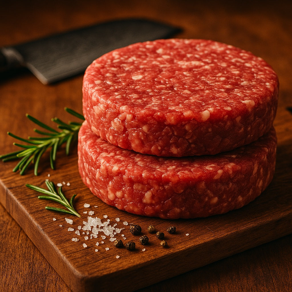 Artisanal chef board setup with seasoned beef burger patties, sea salt and herbs - The Beef Shop