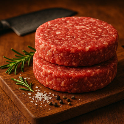 Artisanal chef board setup with seasoned beef burger patties, sea salt and herbs - The Beef Shop