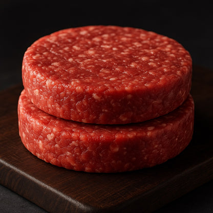 Angled perspective showing thickness and juicy grind of beef burger patties - The Beef Shop